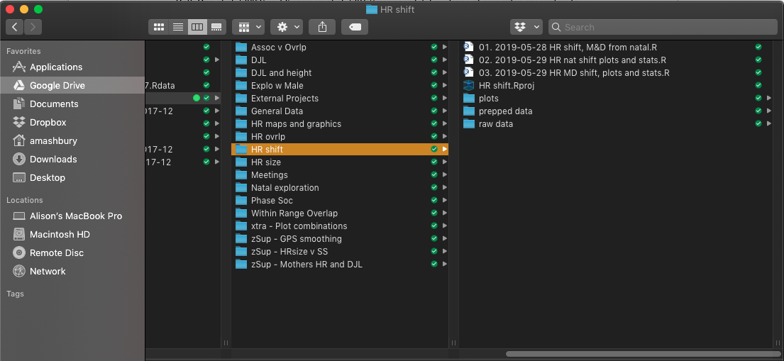 Each of the folders in the left column contains is its own project, including the .RProj file, and all of the scripts, input data, and output (plots, summary data, etc) for each analysis - as you can see in the ‘HR shift’ analysis folder. Zipping any of those left hand column folders would create a single, easily-shareable, fully self-contained R project that anybody could save anywhere on their own computer, and run immediately.