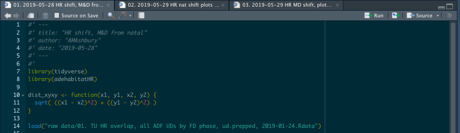 The start of a script in my ‘HR shift’ analysis project - note the loaded data path starts straight in with “raw data/” - referring to the subfolder within this project file (no need for a long, specific path in a setwd() function).