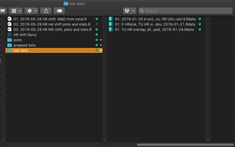 The left column is the main folder of my ‘HR shift’ project, and the right column is an example of what’s in one of the subfolder (in this case, raw data files).